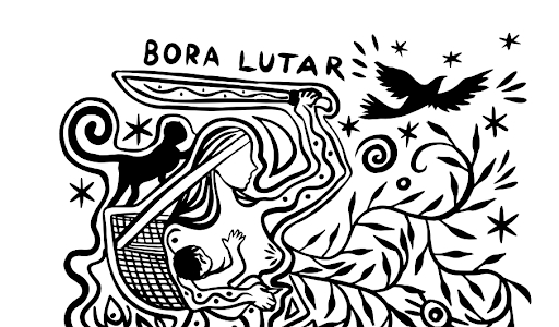 Arte de Daiara Tukano que ilustra a capa do livro e simboliza a força e a harmonia entre a mulher indígena e a natureza, representando a luta coletiva na defesa dos direitos humanos