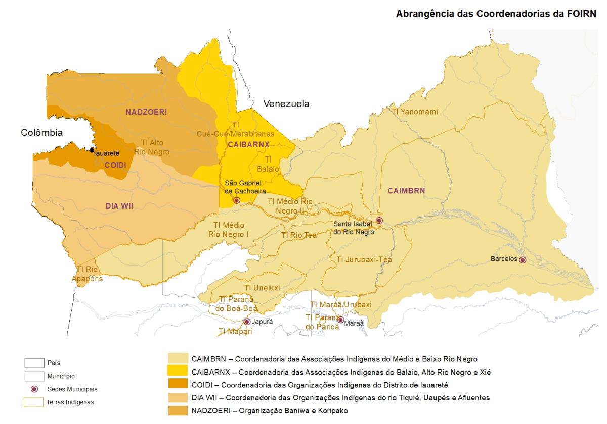 Mapa da região de atuação da Federação das Organizações Indígenas do Rio Negro (Foirn), que abrange 23 povos indígenas e a TI Alto Rio Negro, na fronteira com a Colômbia e Venezuela