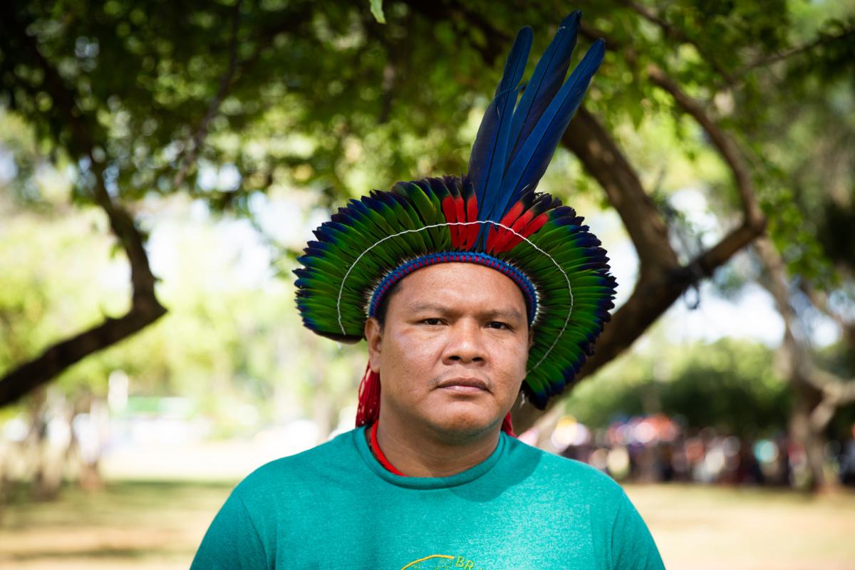 Mauricio Ye'kwana em manifestação da Aliança em Defesa dos Territórios contra o garimpo