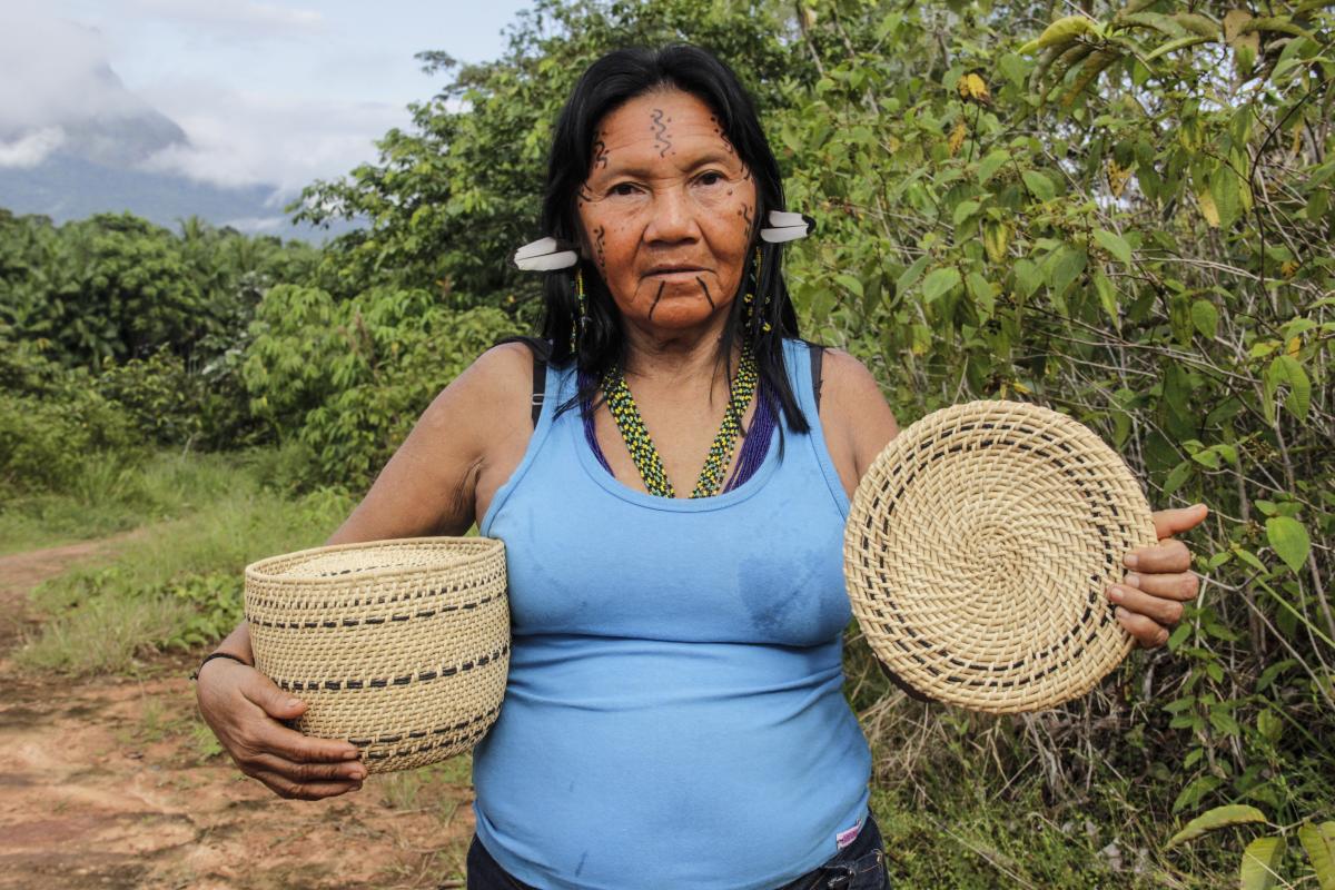 Luiza Lima Góes Yanomami carrega dois cestos Motorohima, feitos por ela na comunidade Maturacá, Terra Indígena Yanomami