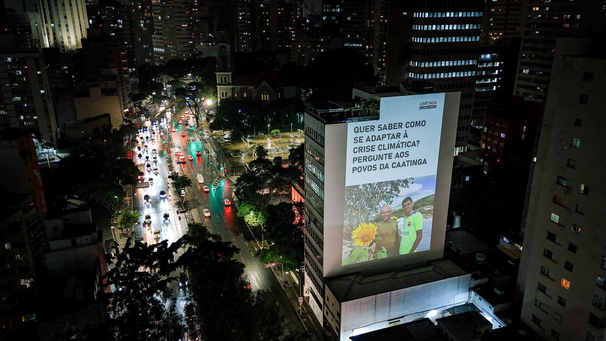 Imagem aérea mostra projeção sobre o Dia da Caatinga, na lateral de um prédio, em São Paulo
