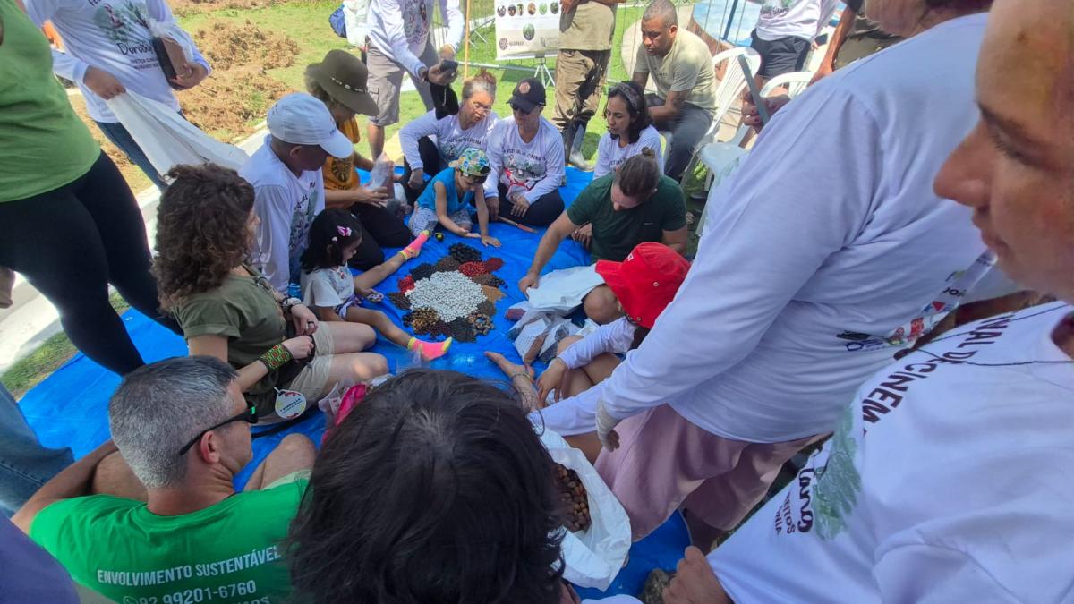 Imagem mostra pessoas reunidas, sentadas em uma lona azul, olhando para diversidade de sementes 
