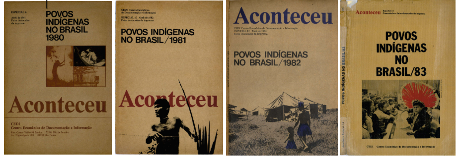 Capas das publicações “Aconteceu” que originou a coleção de livros “Povos Indígenas no Brasil". As publicações reúnem os principais acontecimentos voltados aos povos indígenas em determinado ano. As publicações de 1980 à 1990, contém o histórico de movimentações da UNI.