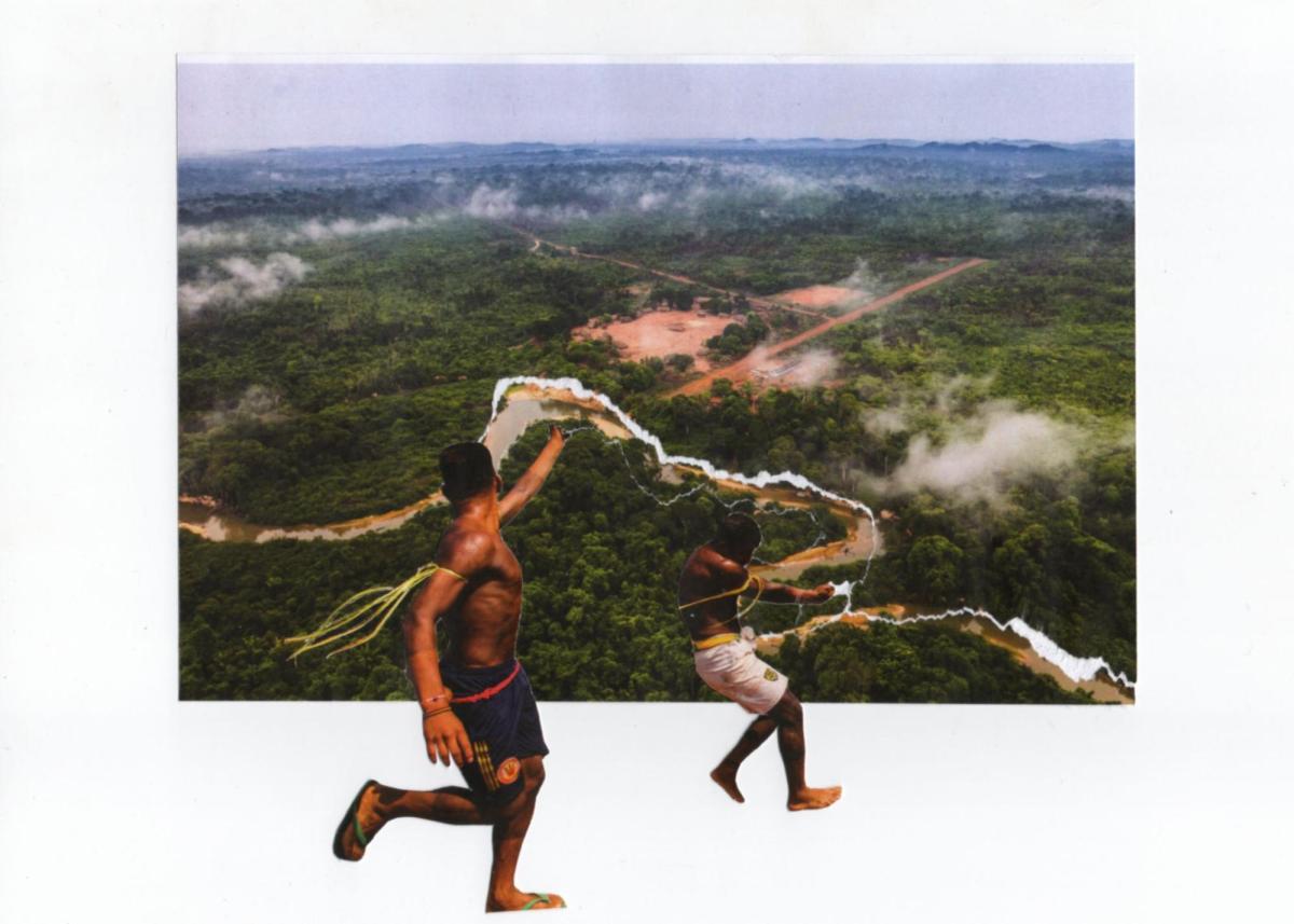 Fotocolagem feita pela artista aymara Shirley Espejo para ilustrar o Kit Didático: Como reparar o irreparável? Povos indígenas e o retorno a territórios expropriados