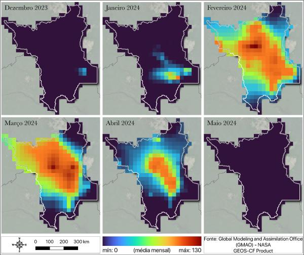 As cores mais quentes indicam os picos de poluição em Roraima | Monitoramento da Qualidade do Ar na Cidade de Boa Vista - Roraima / Inpa