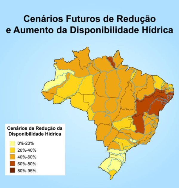 Cenário de redução de disponibilidade de água até 2040. Regiões mais escuras sofrerão com maior escassez | Helena Trevizan / Equipe de Arte ACI / Jornal da Unesp, 22/03/2023