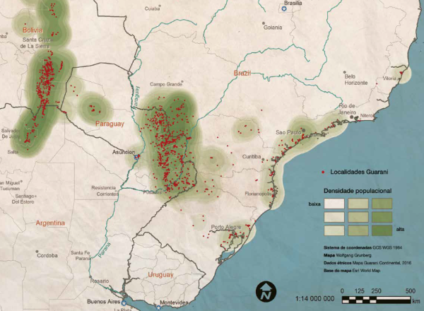 Pontos vermelhos indicam comunidades ou aldeias Guarani na América do Sul. As manchas em verde indicam a densidade populacional, não a população das áreas | Mapa Guarani Continental (2016)